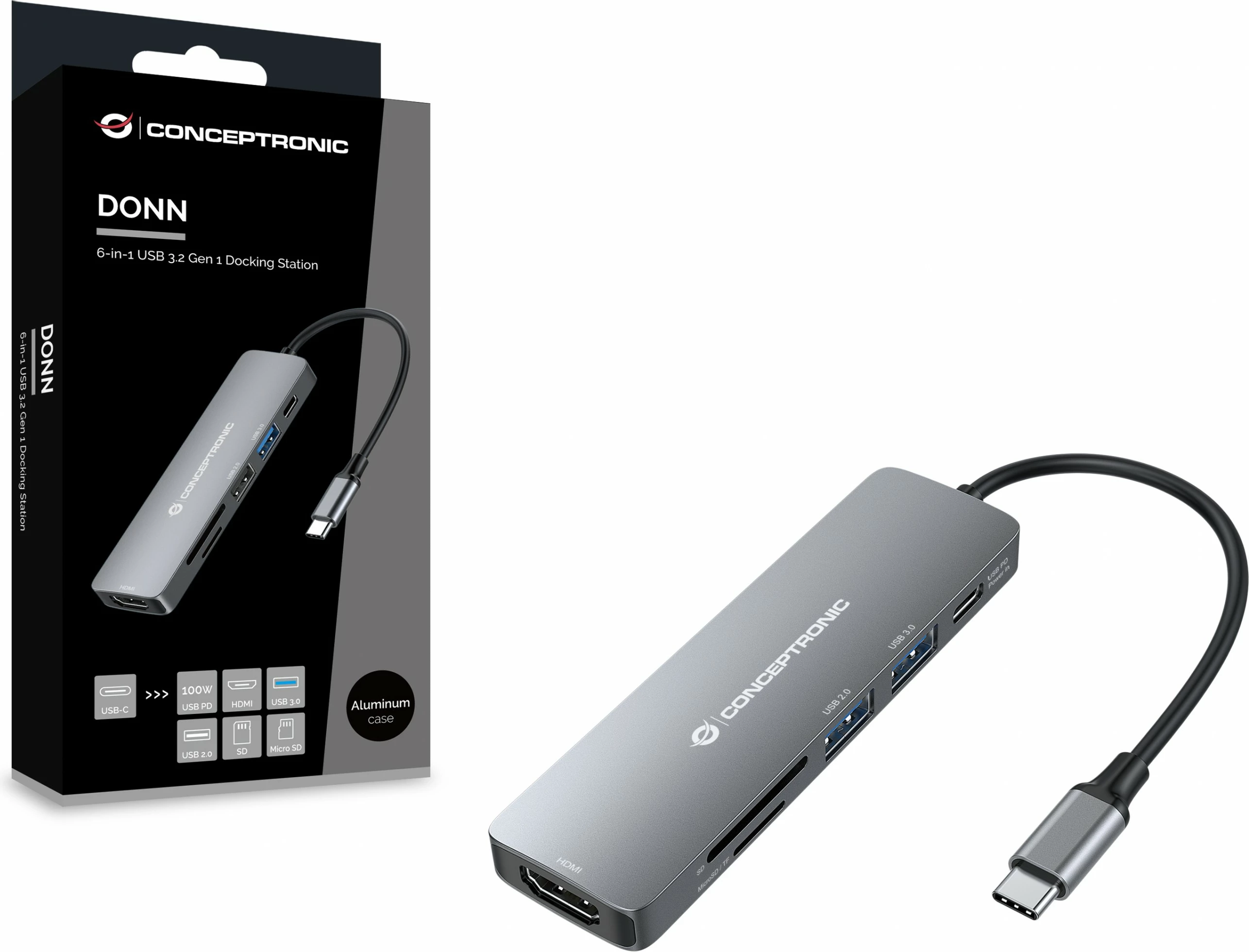 Dock USB-C Conceptronic 6-1, HDMI, 2xUSB-A, SD, TF/MicroSD, 15cm, gri