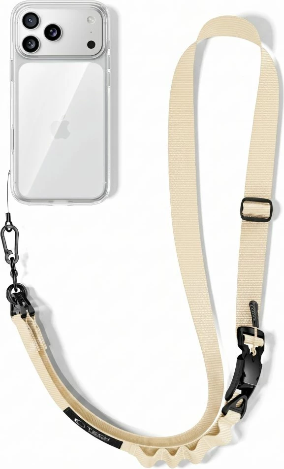 Litar crossbody për celular Tech-Protect C9S Rope Crossbody, i rregullueshëm 91–140 cm, nylon, kapëse magnetike, MOLLE, Beige, set me 2 adapter nën mbështjellës + 2 loop adapter