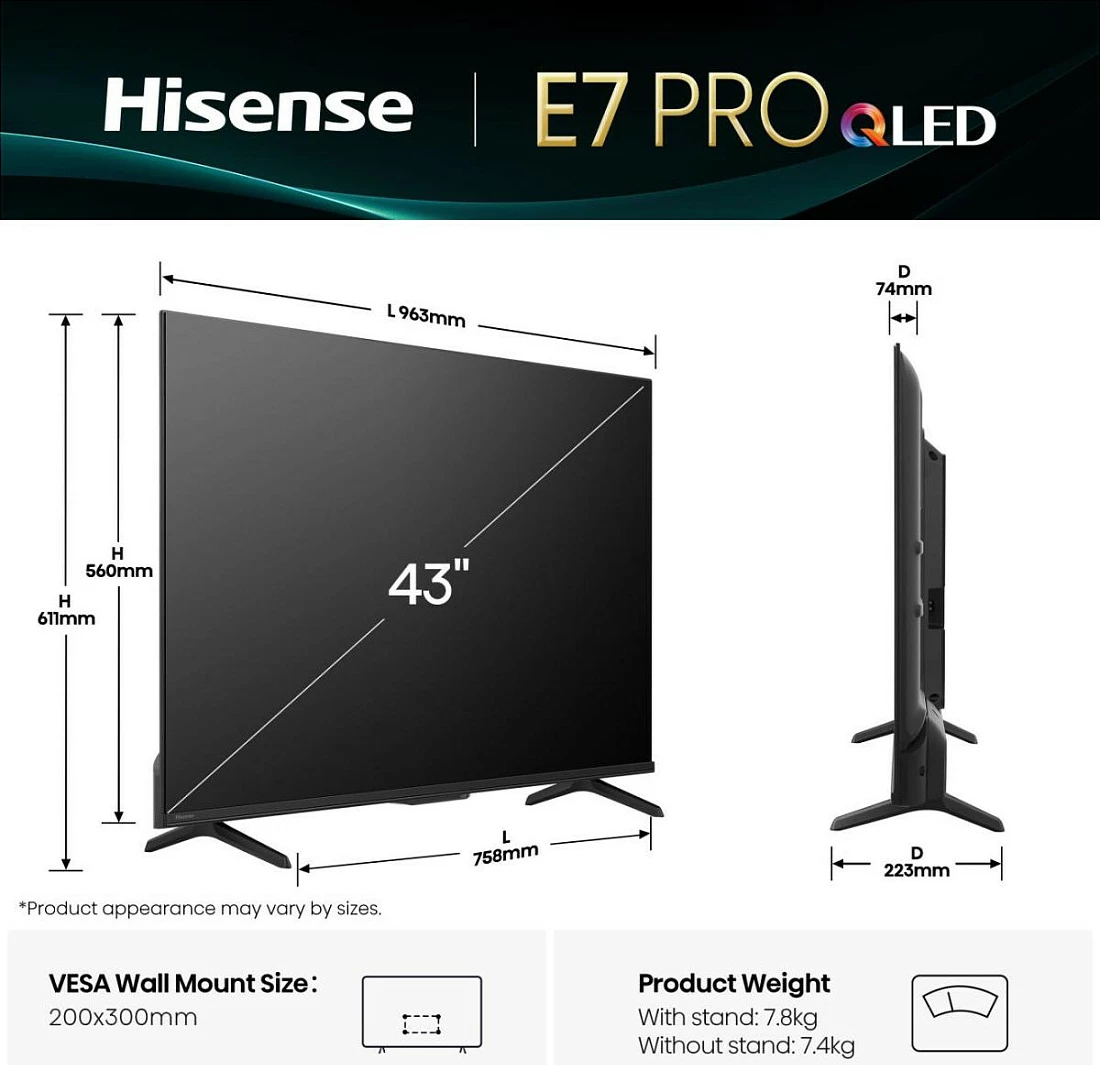 Smart TV Hisense 43E77Q PRO, 43", 4K QLED, 144Hz, Wi‑Fi, e zezë