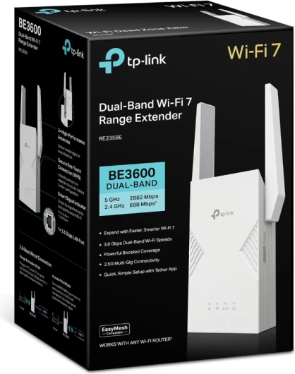 Përforcues sinjali Wi‑Fi TP-LINK RE235BE BE3600 Wi‑Fi 7, Dual-Band, 2.5GbE, i bardhë