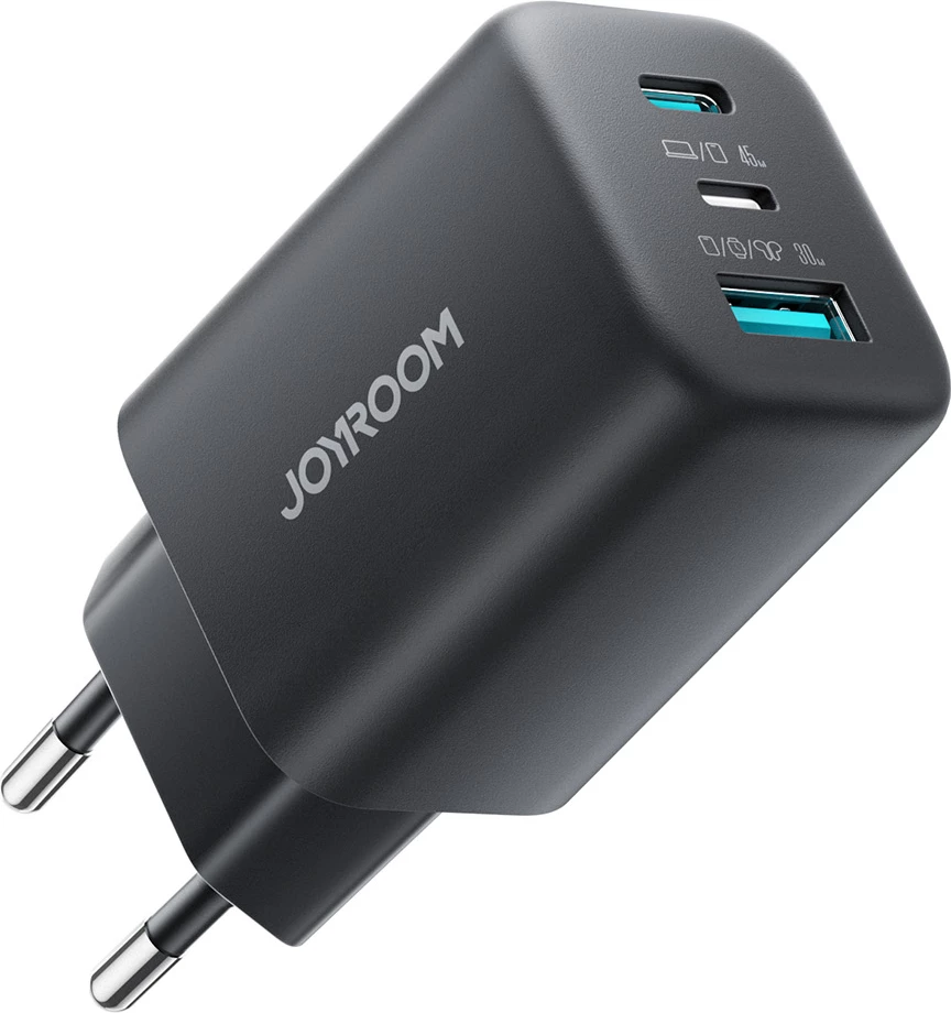 Karikues muri Joyroom JR-TO1 GaN 45W 3 porta (USB-C/Lightning/USB-A) prizë EU, i zi