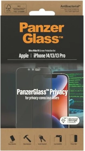 Mbrojtës ekrani PanzerGlass Ultra-Wide Fit Privacy për iPhone 14/13 Pro/13, xham i temperuar, Antibakterial