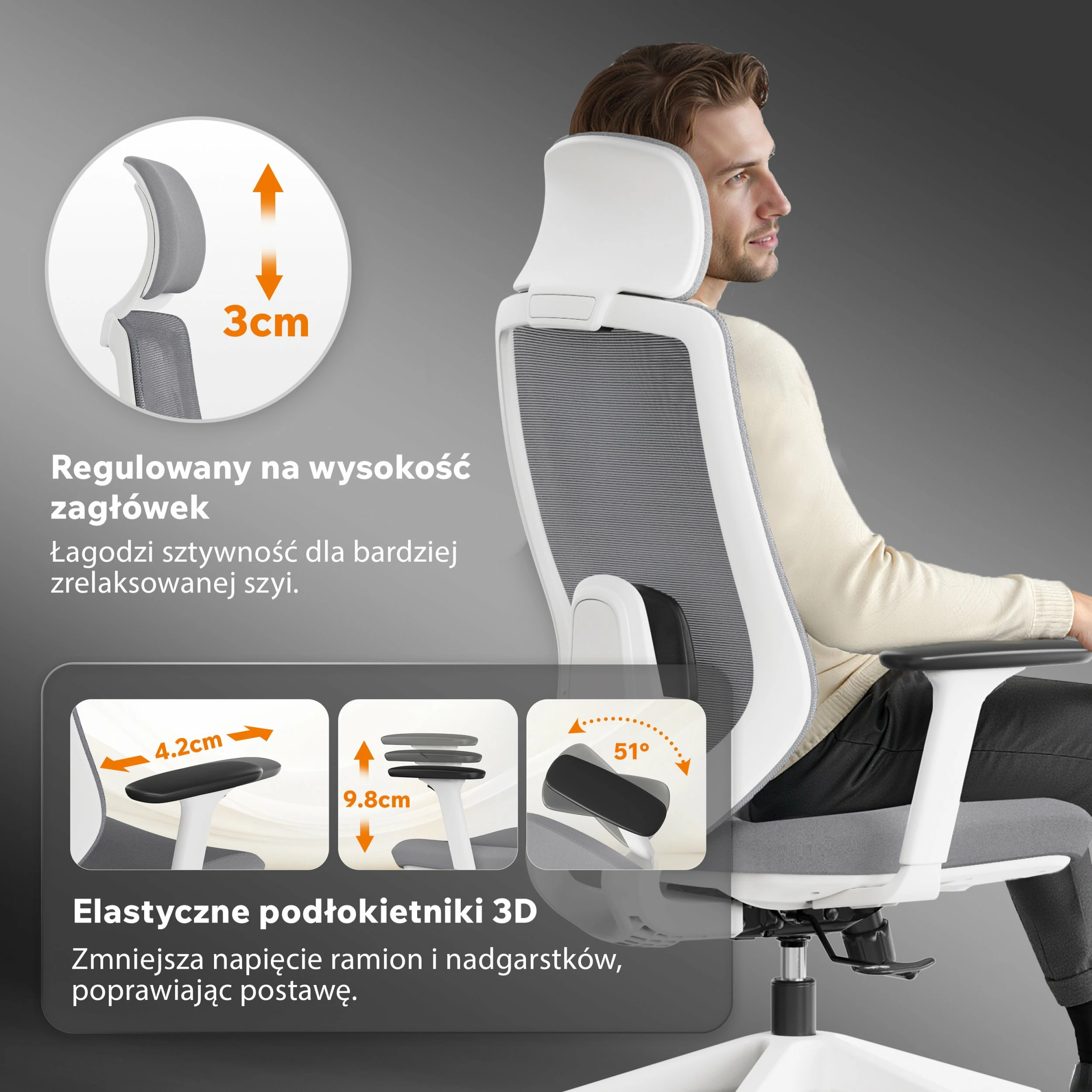 Karrige zyre SENSE7 Nakai, ergonomike me rrota, mbështetëse koke, krahë 3D, 150 kg, bardhë-gri