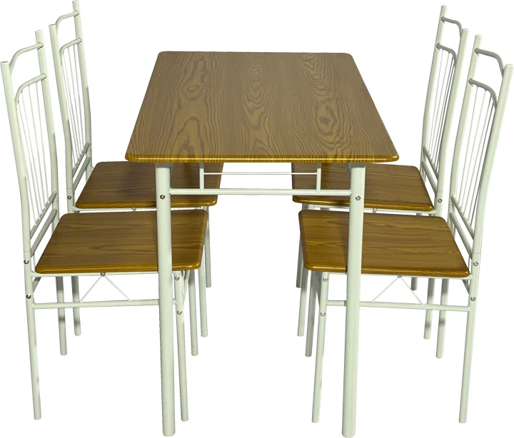 Tavolinë me karrige Roza II, set 5 copë, MDF natyrale, këmbë metalike të bardha, 110x60x74cm