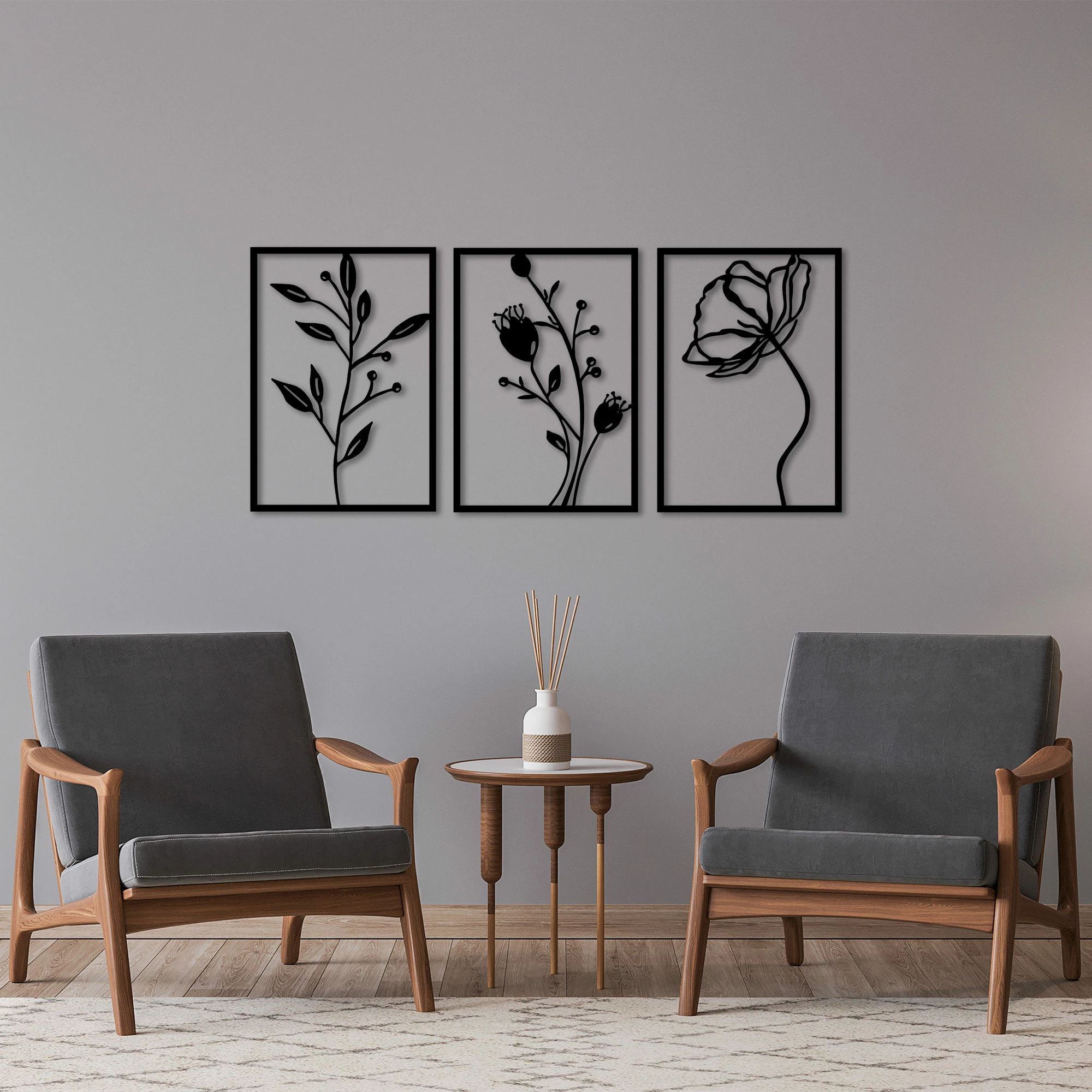 Aksesor dekorativ metalik për mur, lule, 3 copë, Wallity, 49x70cm, ngjyrë e zezë