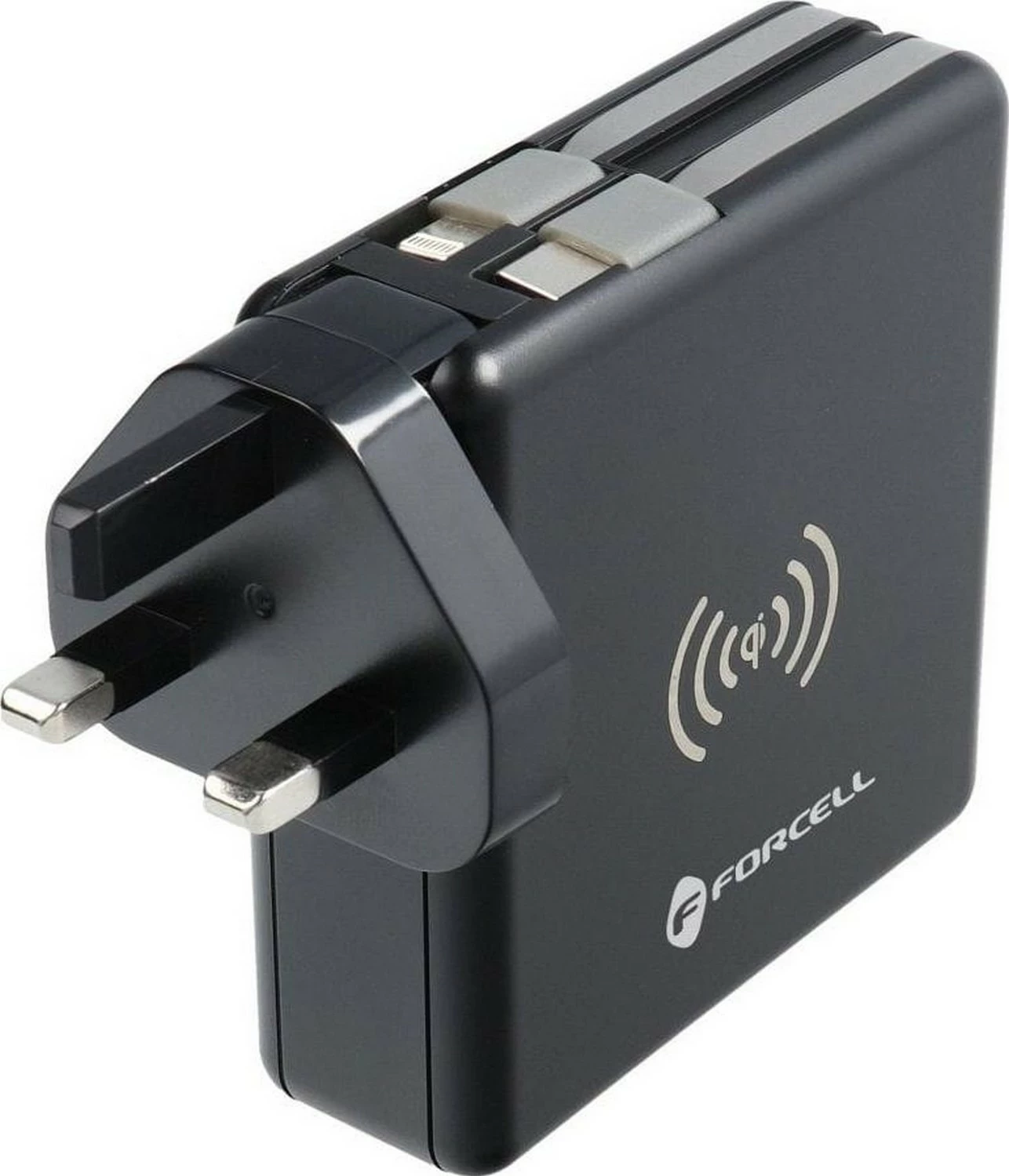 Karikues multifunksional Forcell F-ENERGY 5në1, 10000mAh, 20W PD, wireless 15W, me kabllo Type-C/Lightning, e zezë