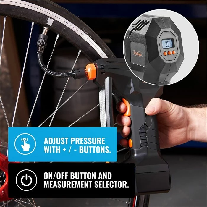 Inflator gomash VONHAUS 3500001 12V, bateri Li-ion 1500mAh, manometër digjital LCD, LED, i zi/portokalli, set me aksesorë