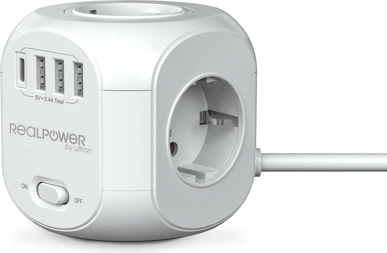 Zgjatues rryme RealPower PowerBox 431, 4 priza, 1.8 m, 3x USB-A + 1x USB-C, 4000 W, i bardhë