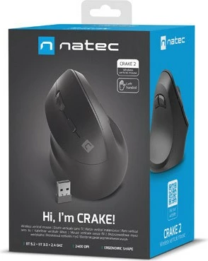 Maus vertikal pa tela Natec Crake 2, për të majtë, 2400 DPI, Bluetooth 5.2 + 2.4GHz, i zi