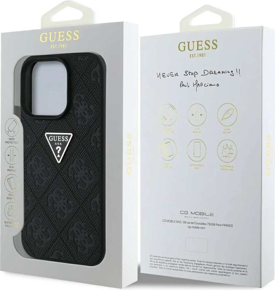 Mbështjellës Guess Hot Stamp 4G Pattern Triangle Metal Logo për iPhone 16 Pro, i zi