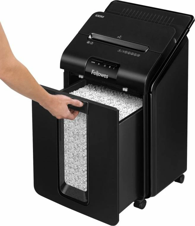 Grirëse dokumentesh Fellowes AutoMax 100M, mikro-prerje 4 x 10 mm, P-4, shportë 23 L, auto feeder 100 fletë, e zezë