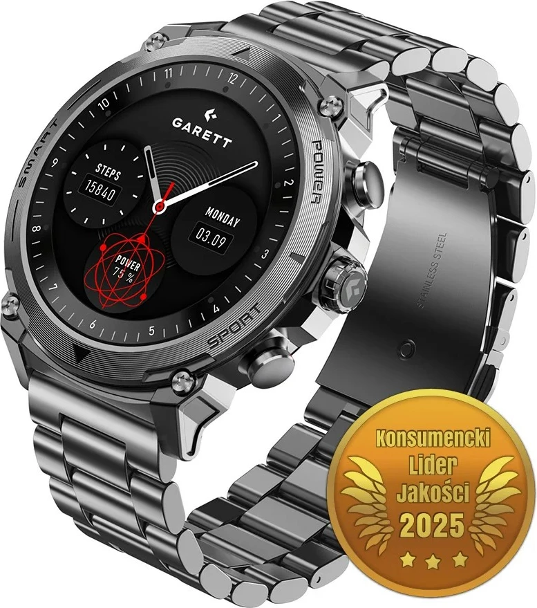 Smartwatch Garett Atom 1.43\" AMOLED, Bluetooth thirrje, IP68, 370 mAh, argjendtë, set me rrip shtesë silikonik