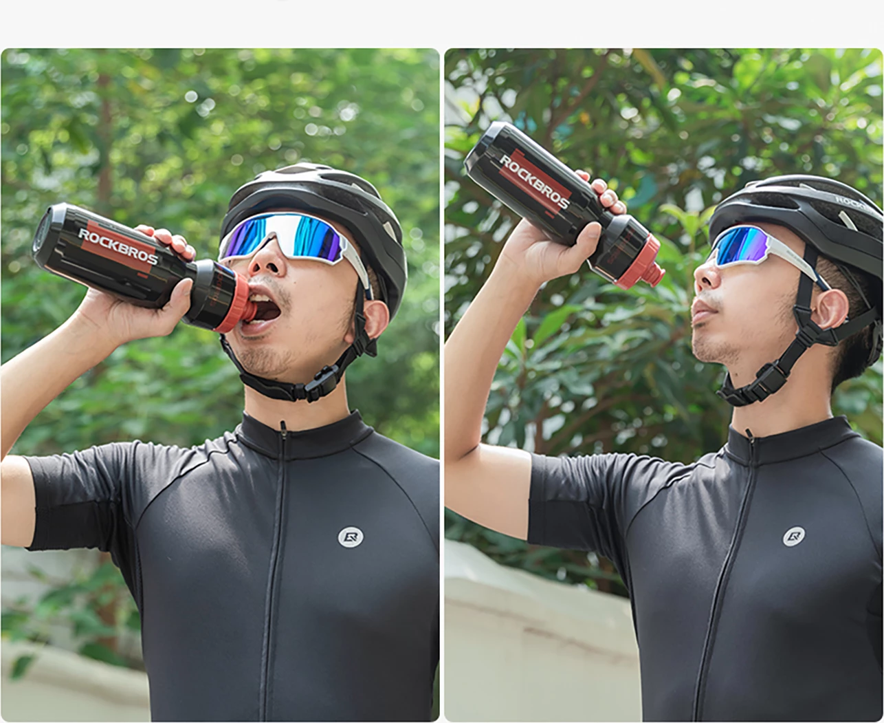 Shishe uji për biçikletë Rockbros Sports Bottle 750 ml, PP, me grykë silikoni, e zezë transparente me grykë të kuqe