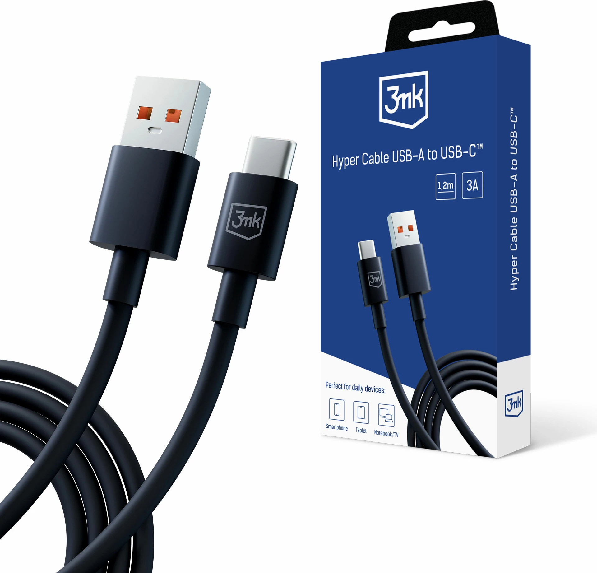 Kabllo USB-A në USB-C 3mk Hyper Cable 1.2m, E zezë
