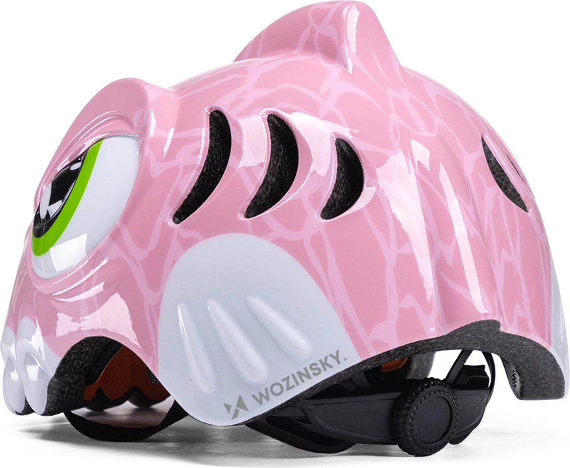 Kaskë biçiklete fëmijësh, Wozinsky HT-62R, S (52-56 cm), rregullim 360°, 250 g, motiv dinosauri, rozë