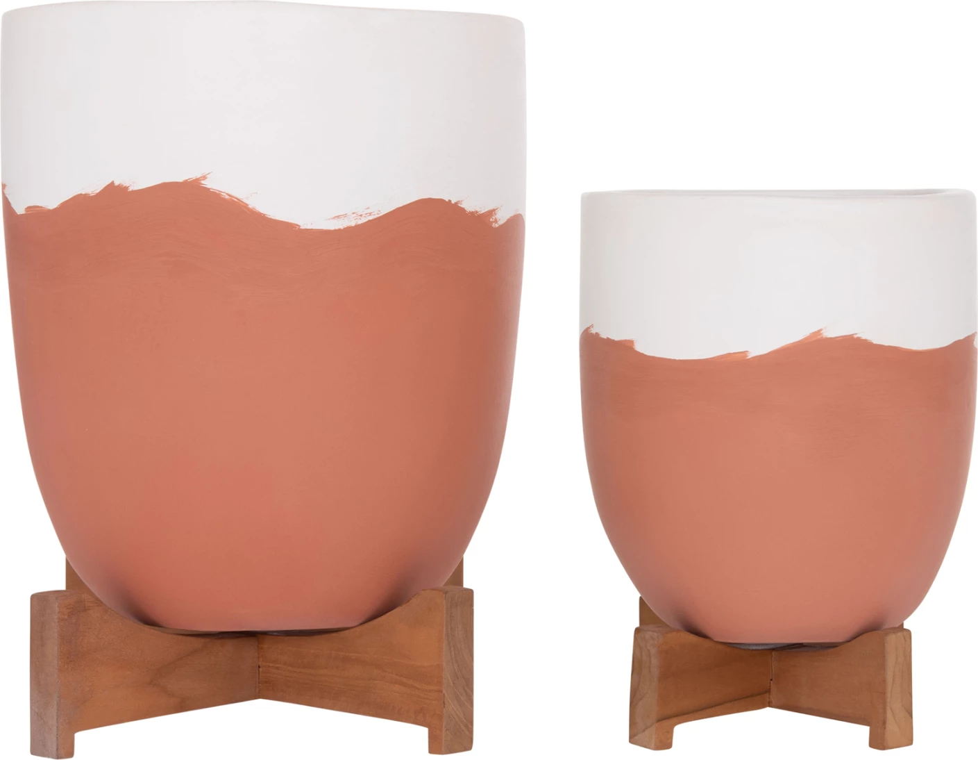 Set dy vazo për brenda, terrakotë, ngjyrë e bardhë & terrakotë, me bazë druri teak, SEON FH4686.08