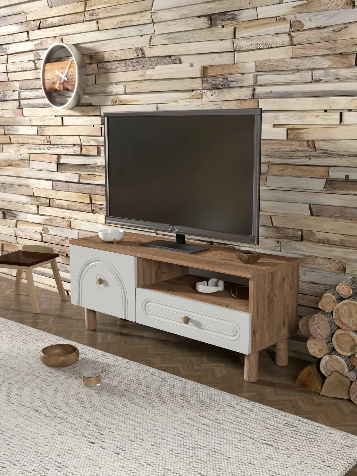 Komodë TV, Skye Decor, Serenta 105, ngjyrë Atlantic Pine dhe e bardhë