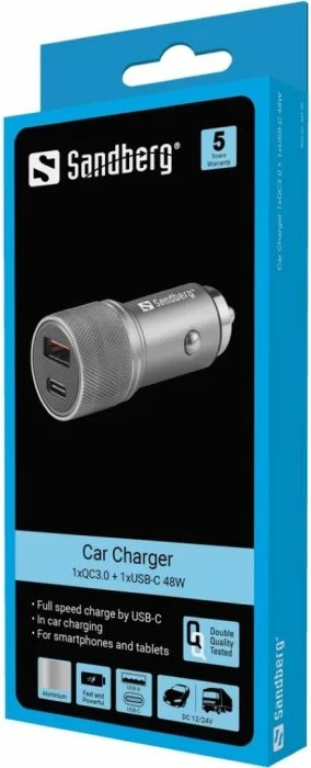 Karikues veture Sandberg 441-50 48W 1x USB-C PD + 1x USB-A QC3.0, argjend