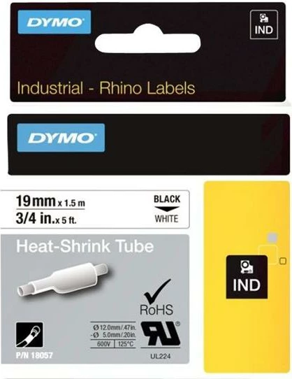 Tubë termo-ngushtuese për etiketime, Dymo, RhinoPRO 18057 (S0718330), 19mm x 1.5m, e bardhë/zezë