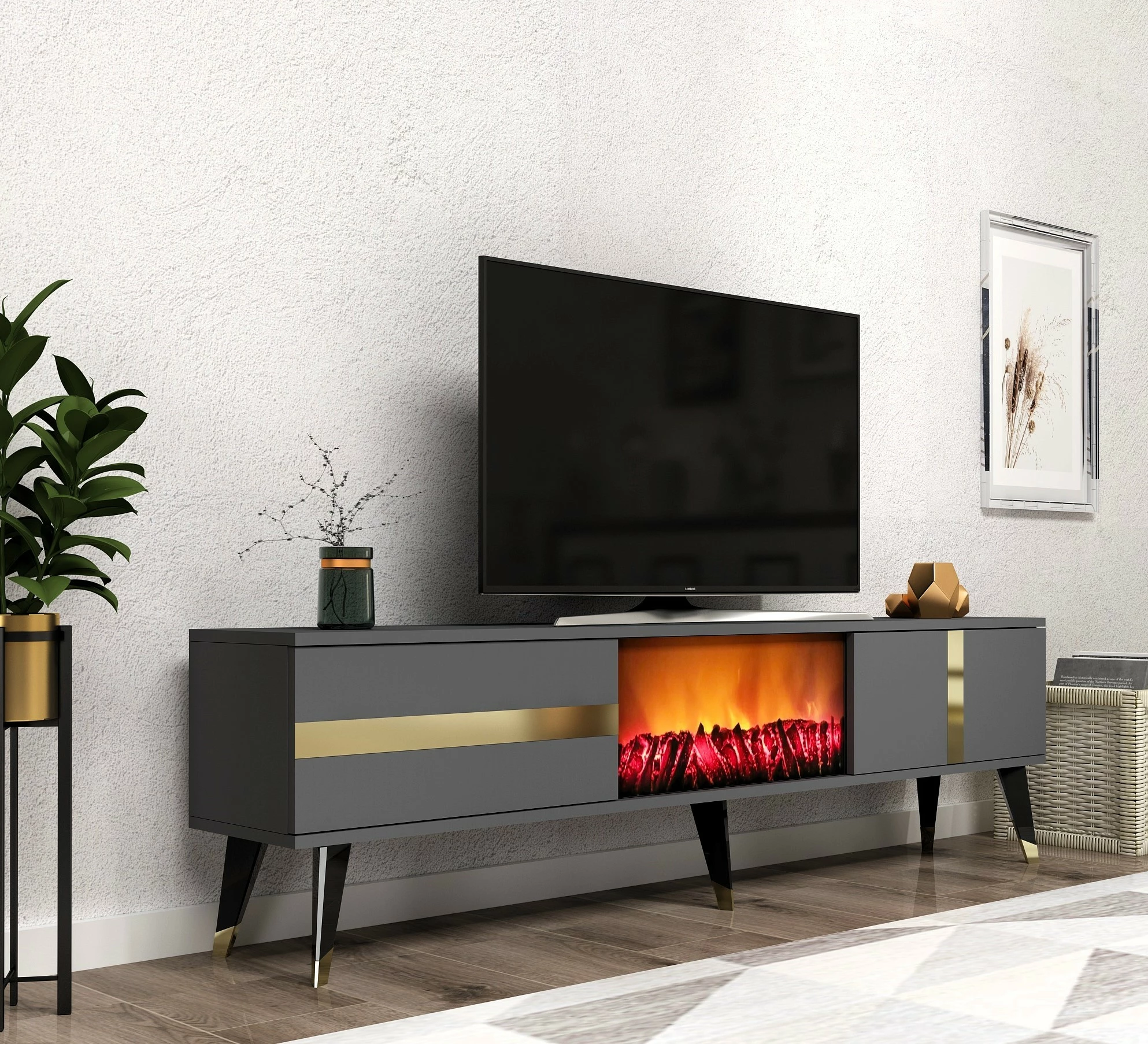 Komodë TV Hanah Home, me oxhak elektrik, anthracite, ari