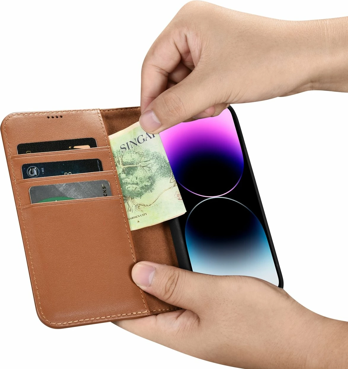 Mbështjellës iCarer Wallet Case 2in1 për iPhone 14 Pro Max, lëkurë natyrale, Anti-RFID, Kafe
