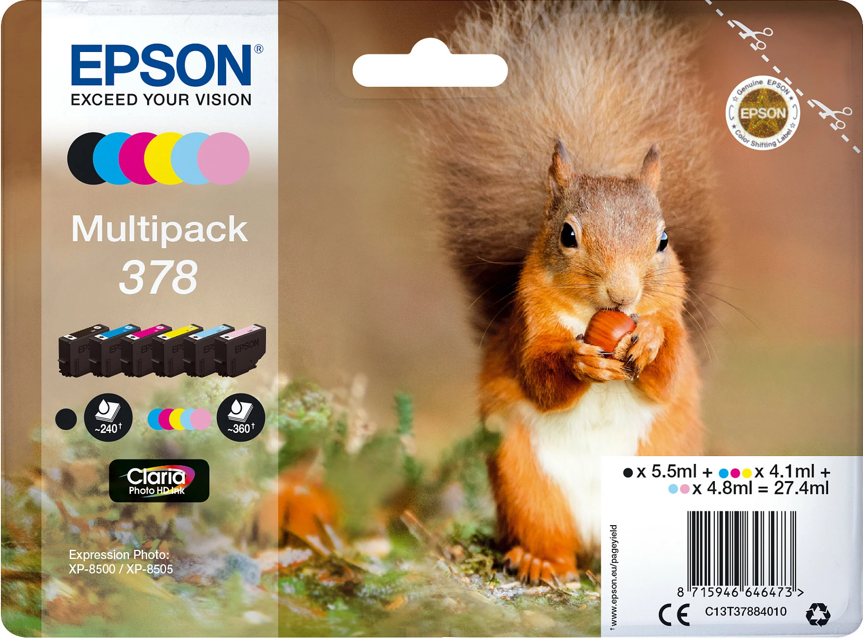 Kartrixhe boje Epson 378 Claria Photo HD, multipack 6 ngjyra, Standard Yield, për Expression Photo XP-8500/XP-8505 dhe XP-15000, shumëngjyrëshe