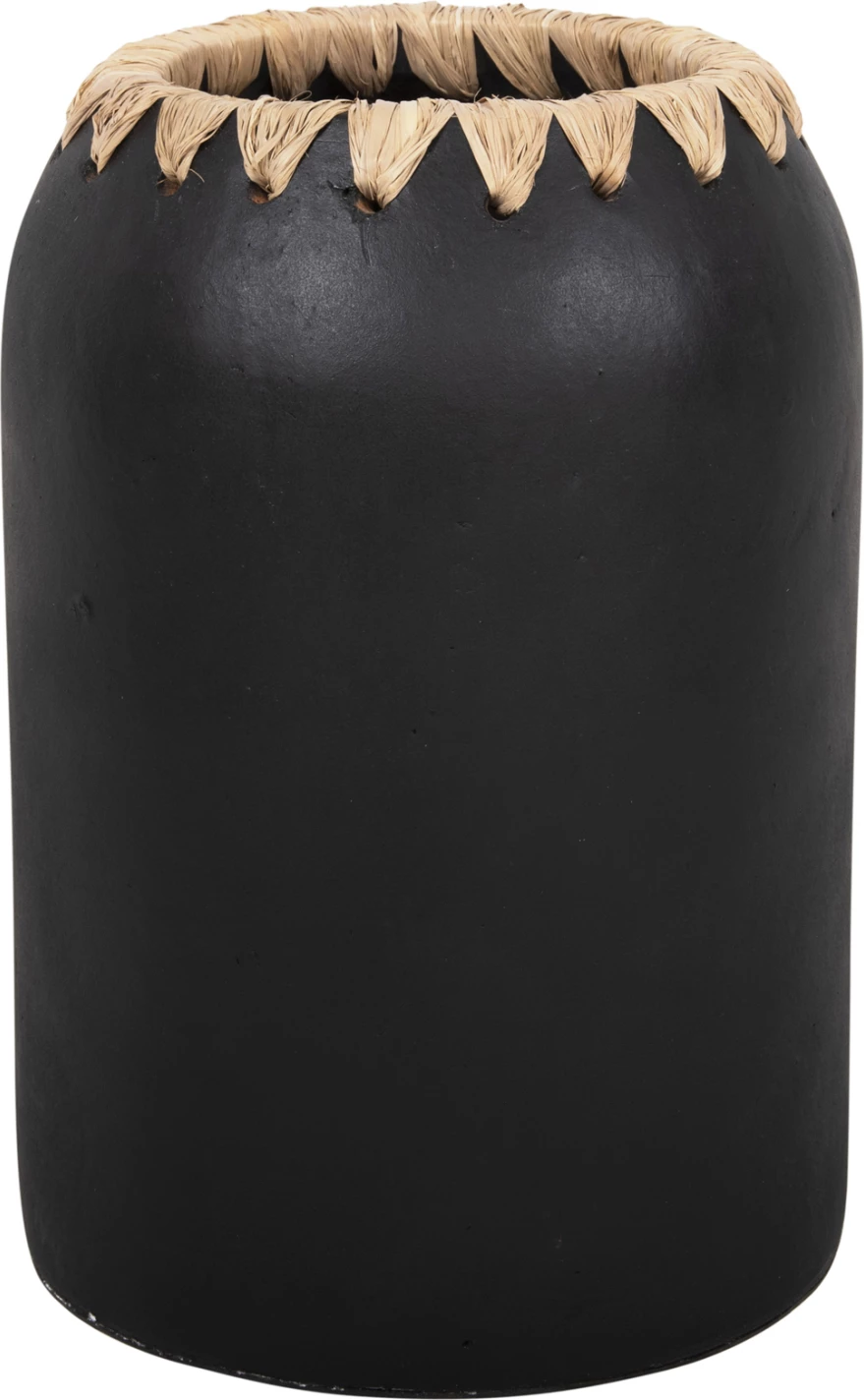 Vazo dekorative FH4376 terrakote, ngjyrë bardhë, me thurje kashte në buzë, Φ21Χ32H cm