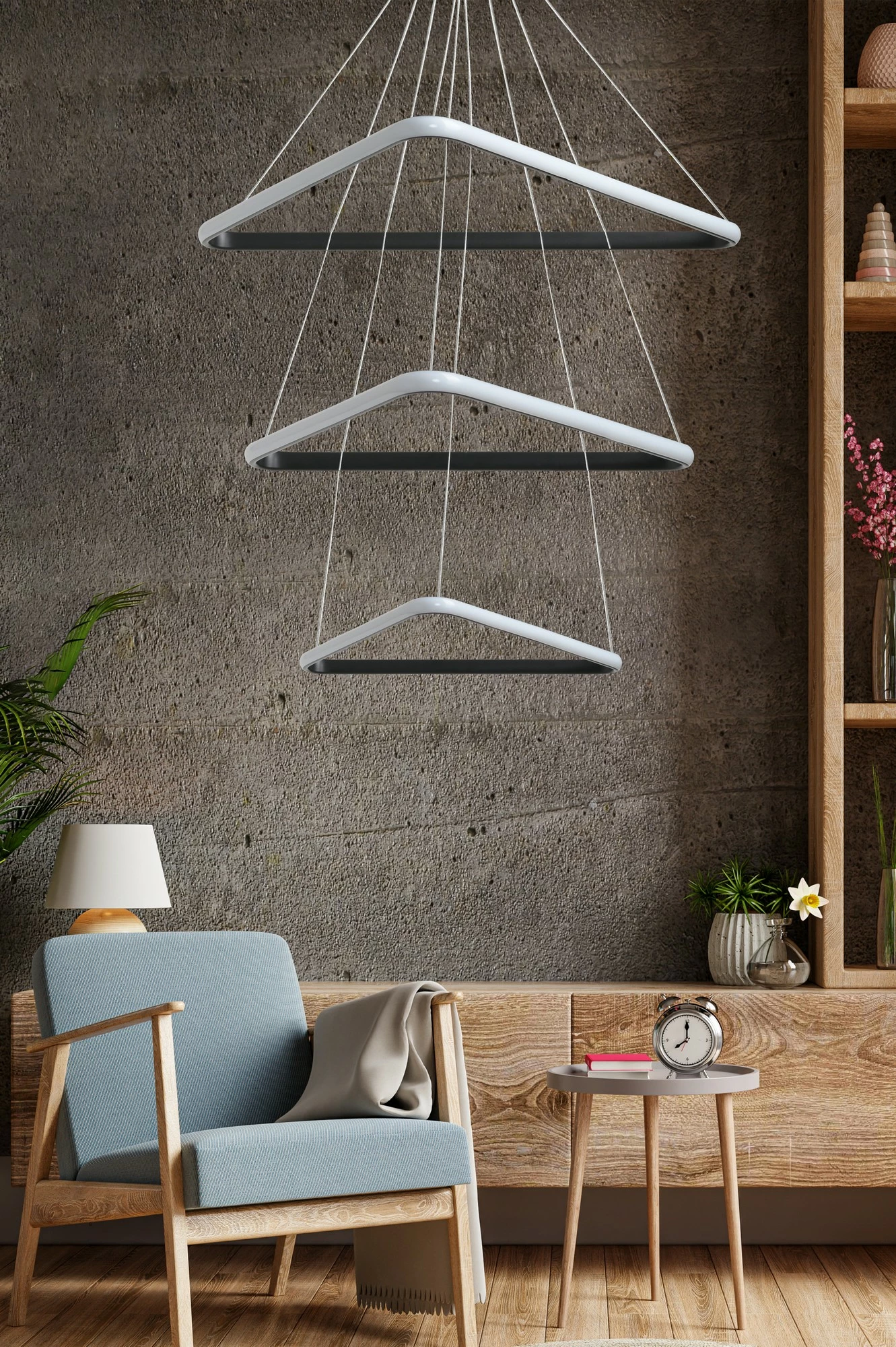 Llambë tavani Opviq, set trekëndësh Trinity, trup i zi, dritë e verdhë