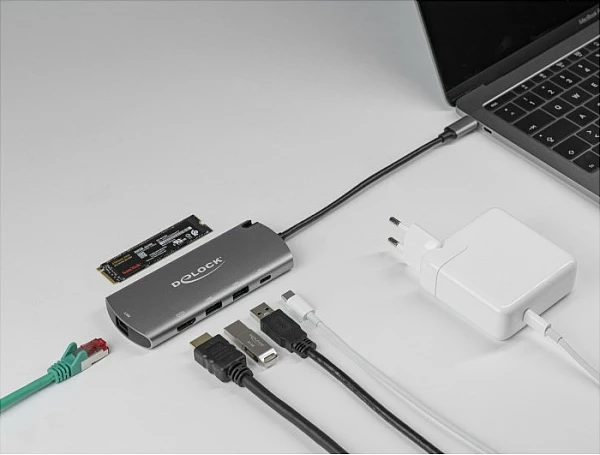 Docking station USB-C DeLOCK me slot M.2, 4K HDMI, 2x USB-A 3.2 Gen1, LAN Gigabit, PD 100W, gri