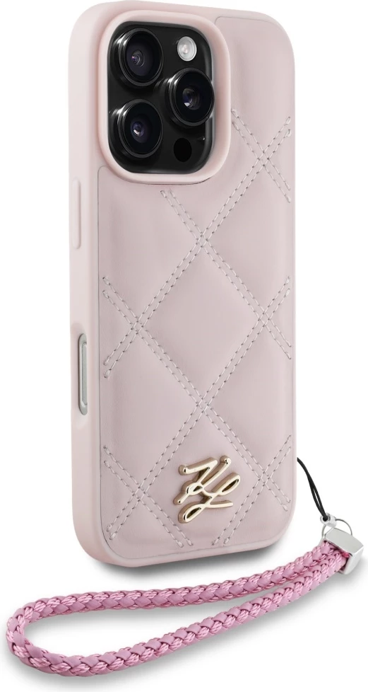 Mbështjellës Karl Lagerfeld Quilted Initial Logo & Chain Strap për iPhone 16 Pro, Rozë