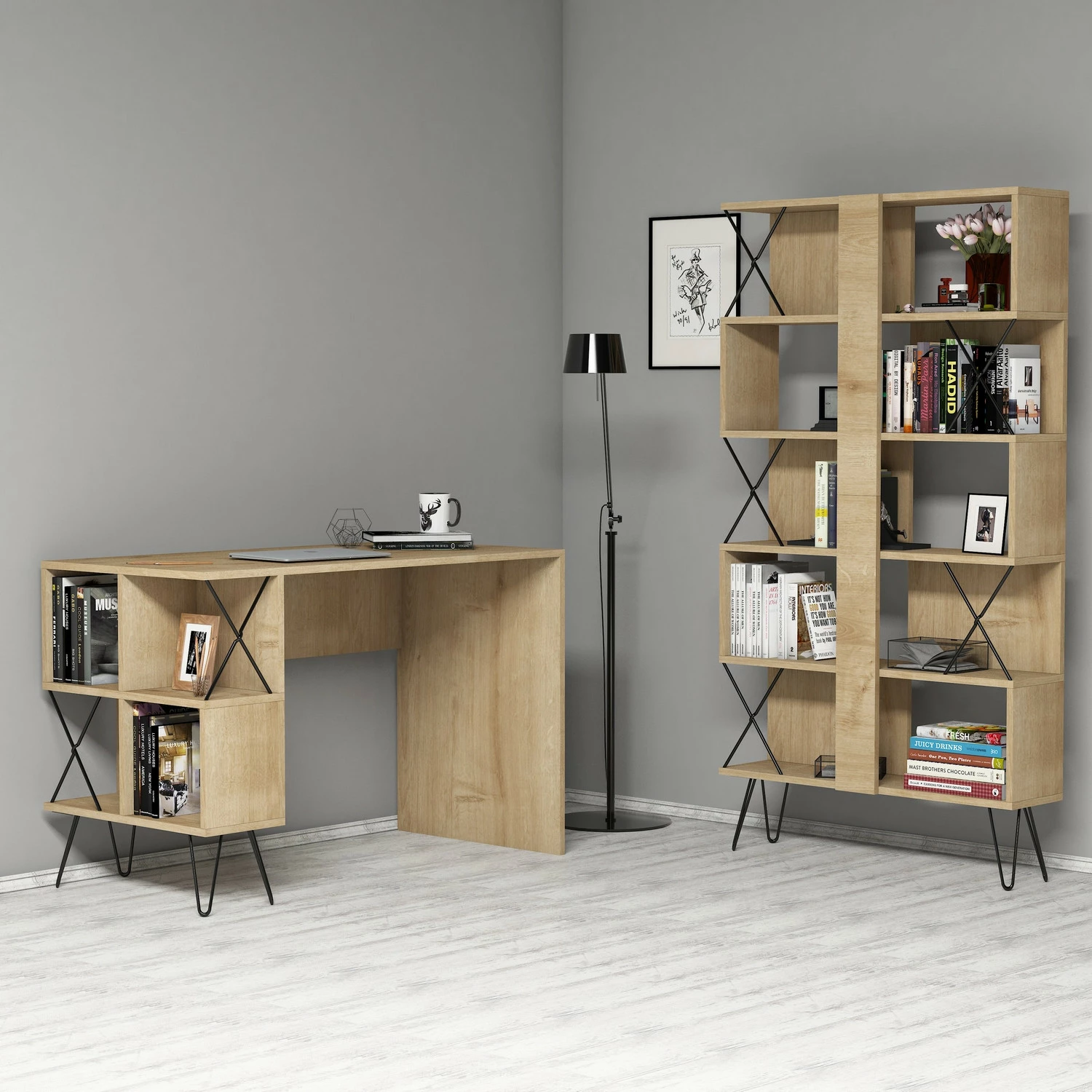 Tavolinë pune me raft librash Hanah Home, ekstra, ngjyrë lisi dhe e zezë