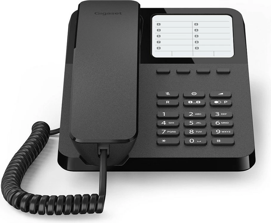 Telefon fiks analog Gigaset DESK 400, me kabllo, memorie 10 numra, montim tavolinë/mur, i zi