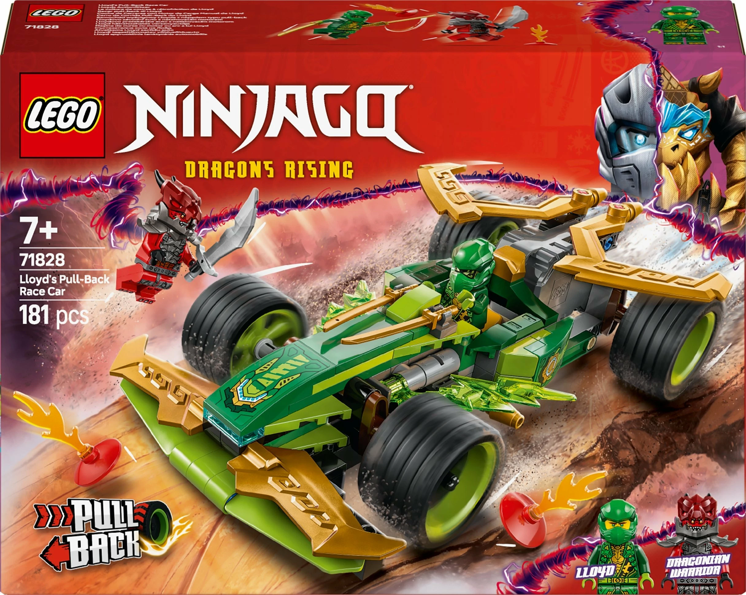 Set LEGO NINJAGO Lloyd's Pull-Back Race Car 71828, 181 copë, pull-back, jeshile/artë