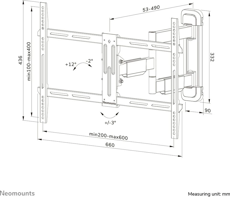 Mbajtës muri për TV Neomounts WL40-550BL16, full motion, 40-65 inç, VESA 600x400, e zezë