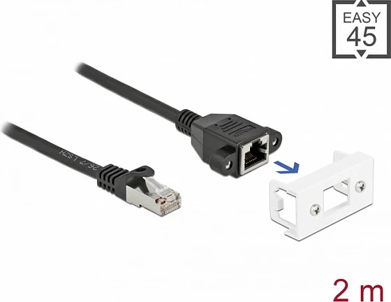 Kabllo rrjeti DeLOCK Easy 45, Cat6a S/FTP, RJ45 mashkull në RJ45 femër, 2 m, zezë/bardhë