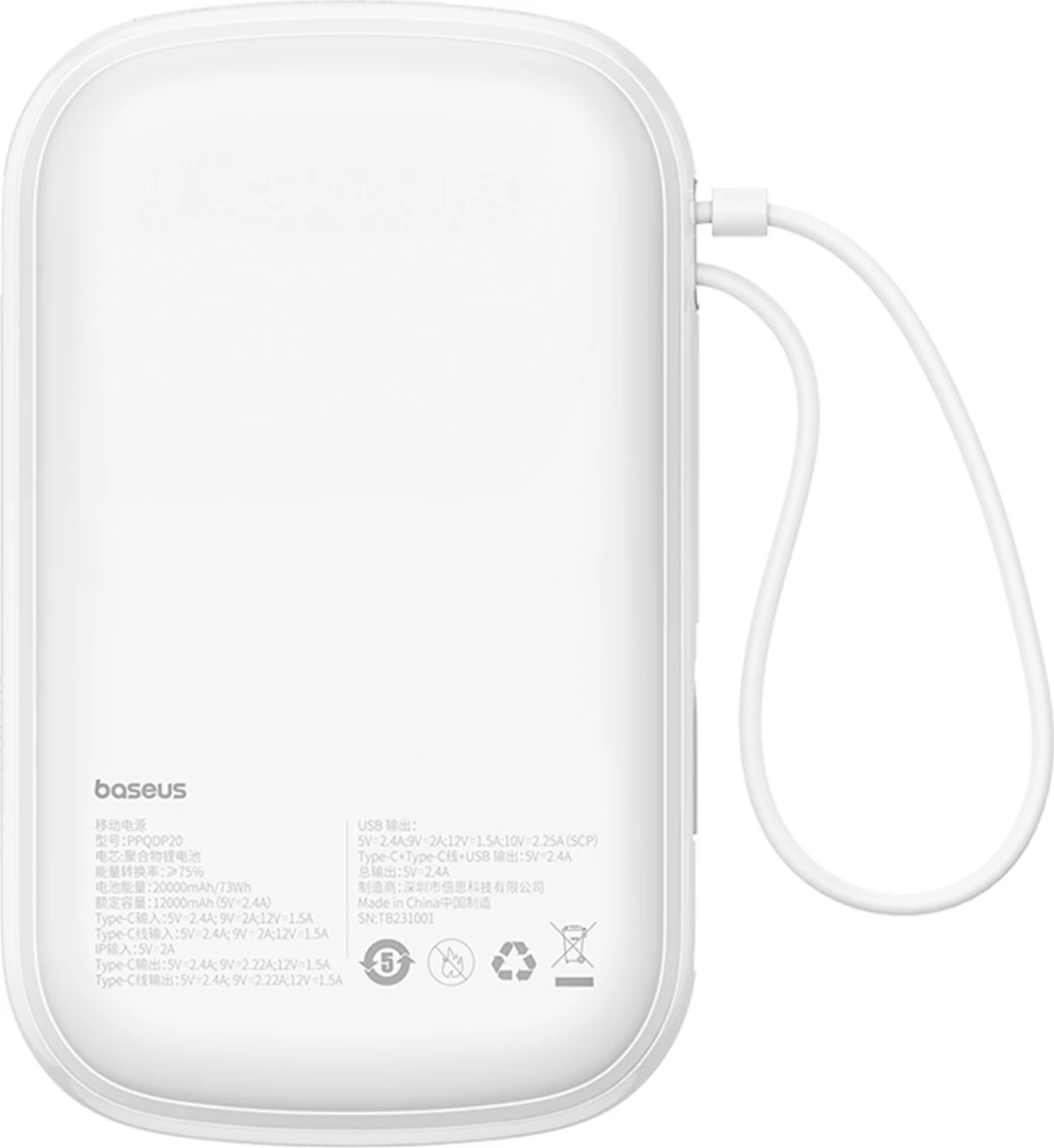 Powerbank Baseus QPow Pro+ 20000mAh me display, 22.5W, kabllo USB-C e integruar, Bardhë