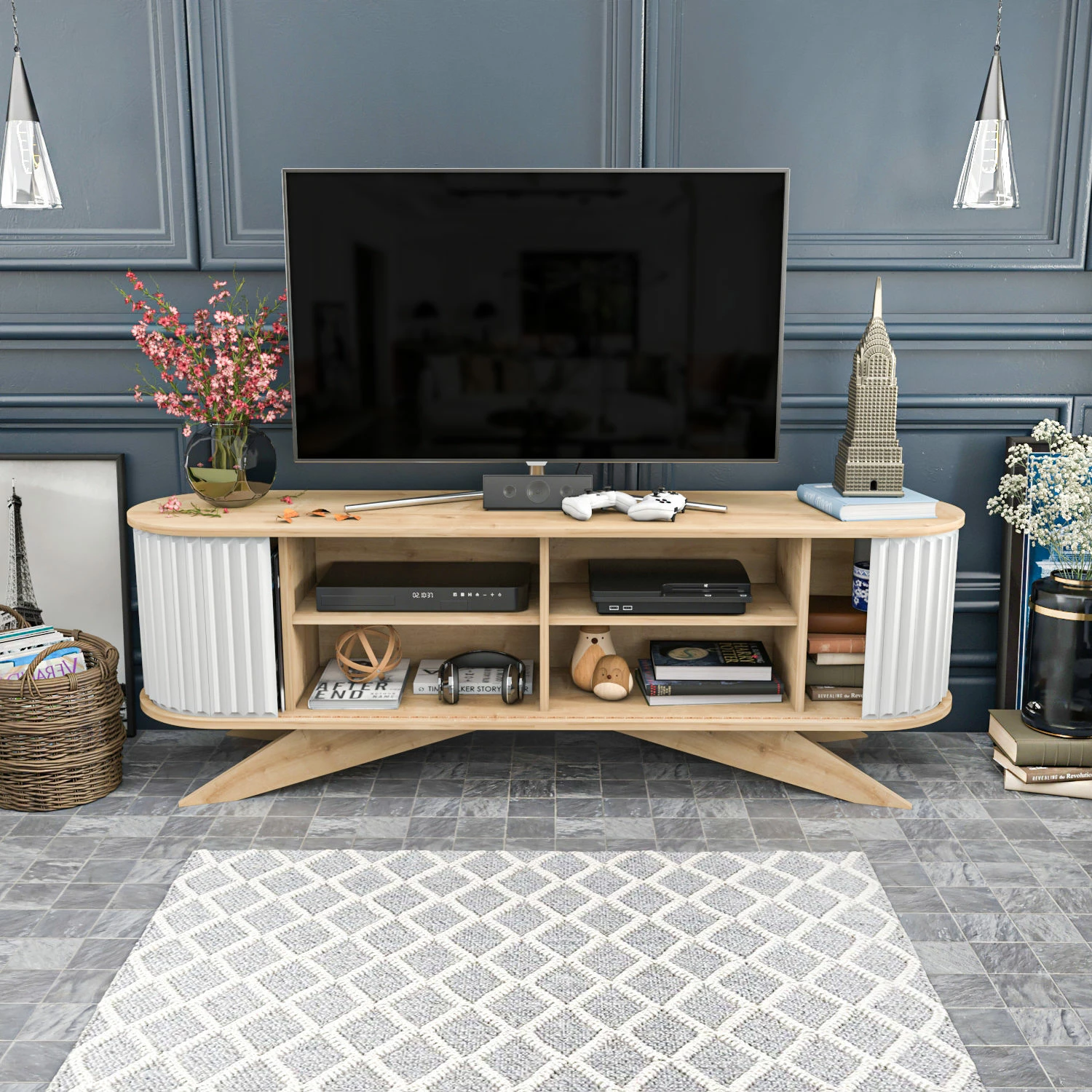 Komodë TV Hanah Home, ngjyrë safir dhe e bardhë, Stor