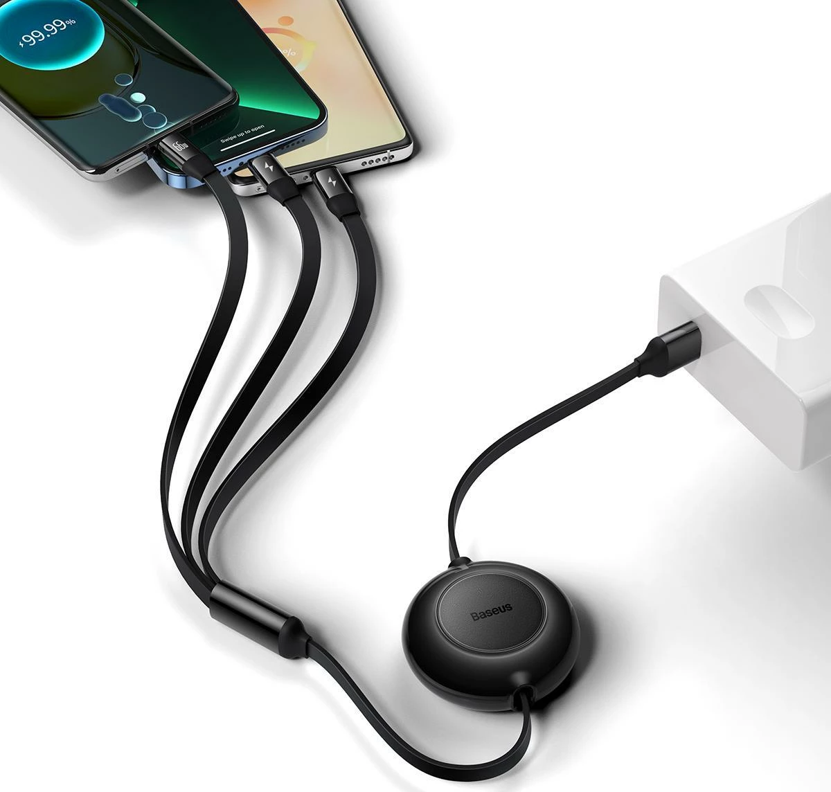 Kabllo USB Baseus Bright Mirror 2 CAMJ010101 3-në-1 retraktile 1.1 m 66W USB-A në USB-C/microUSB/Lightning, e zezë