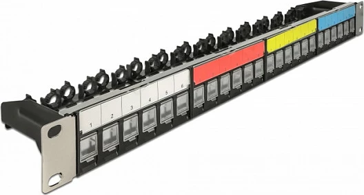 Patch panel DeLOCK 19" Keystone 24-Port, 1U, me menaxhim kabllove, e zezë