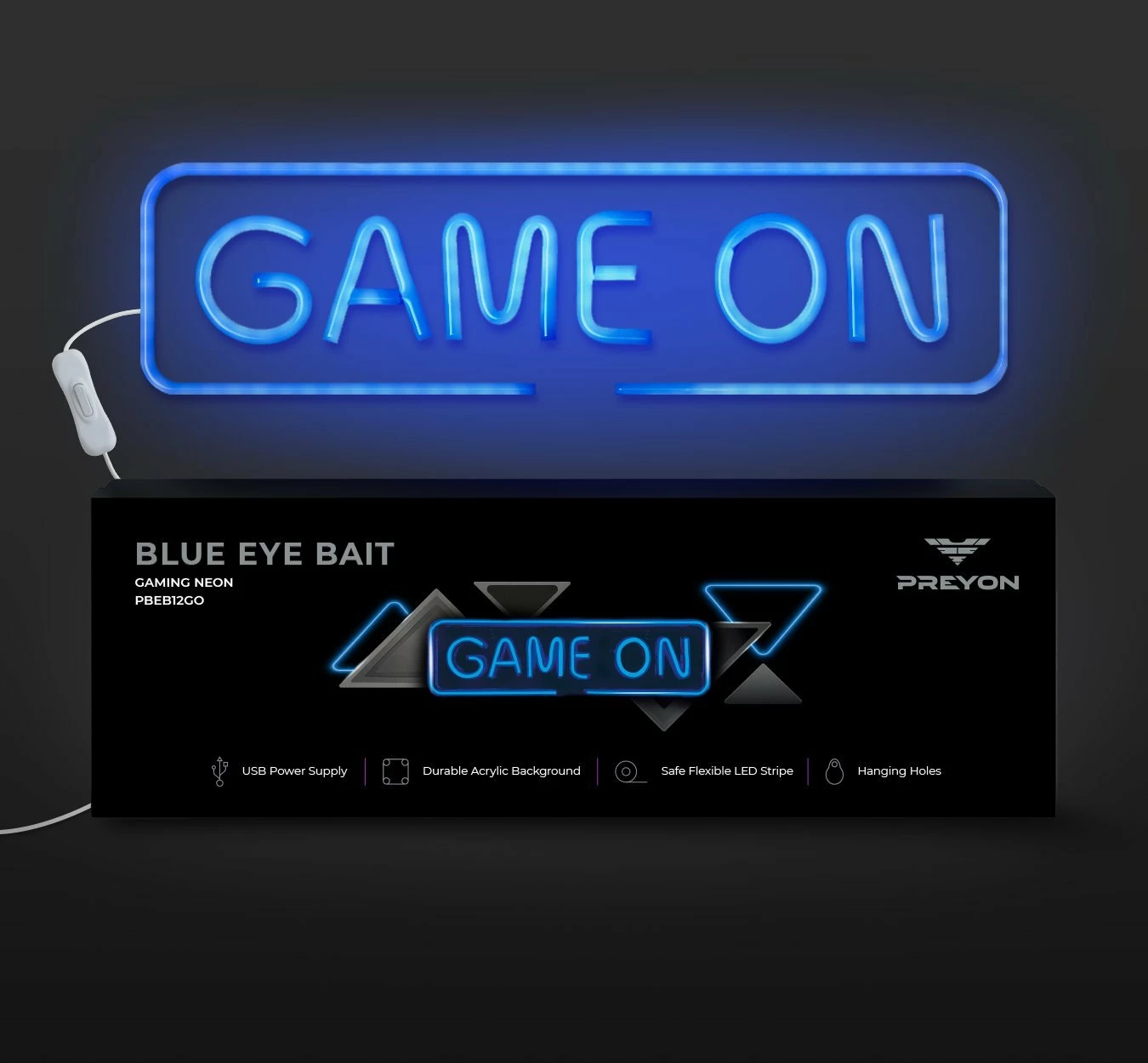 Dritë neon LED muri PREYON Blue Eye Bait "Game On" 40 x 12 cm, USB (PBEB12GO), blu