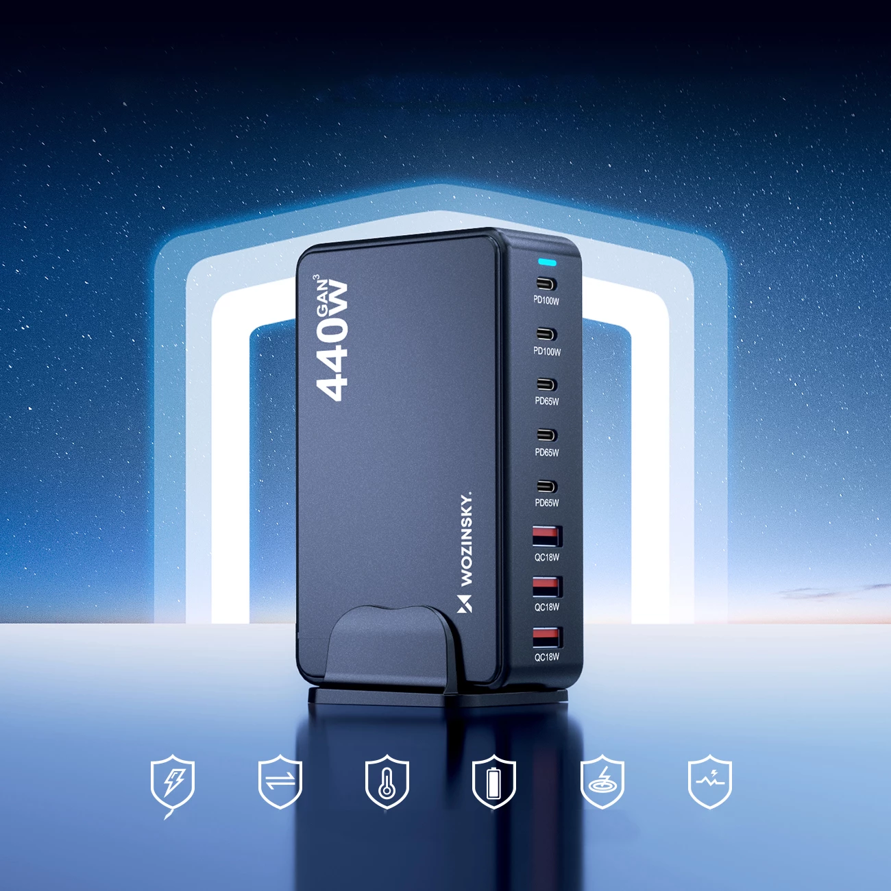 Stacion karikimi GaN Wozinsky WSL-440, 440W, PD/QC3, 5x USB-C + 3x USB-A, e zezë