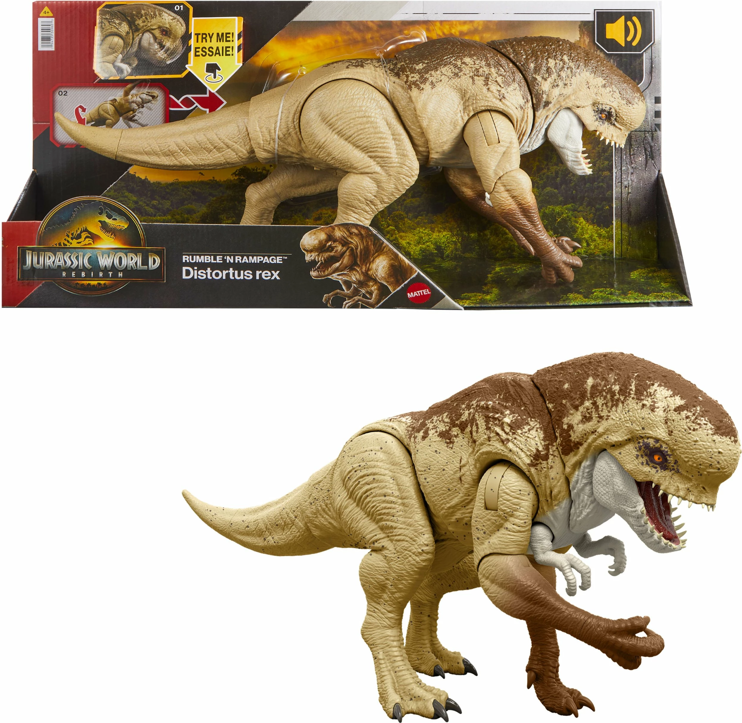 Figurinë dinosauri Mattel Jurassic World Rebirth Distortus Rex (D.Rex) JGB58 me tinguj, 55.9 cm, bezhë/kafe
