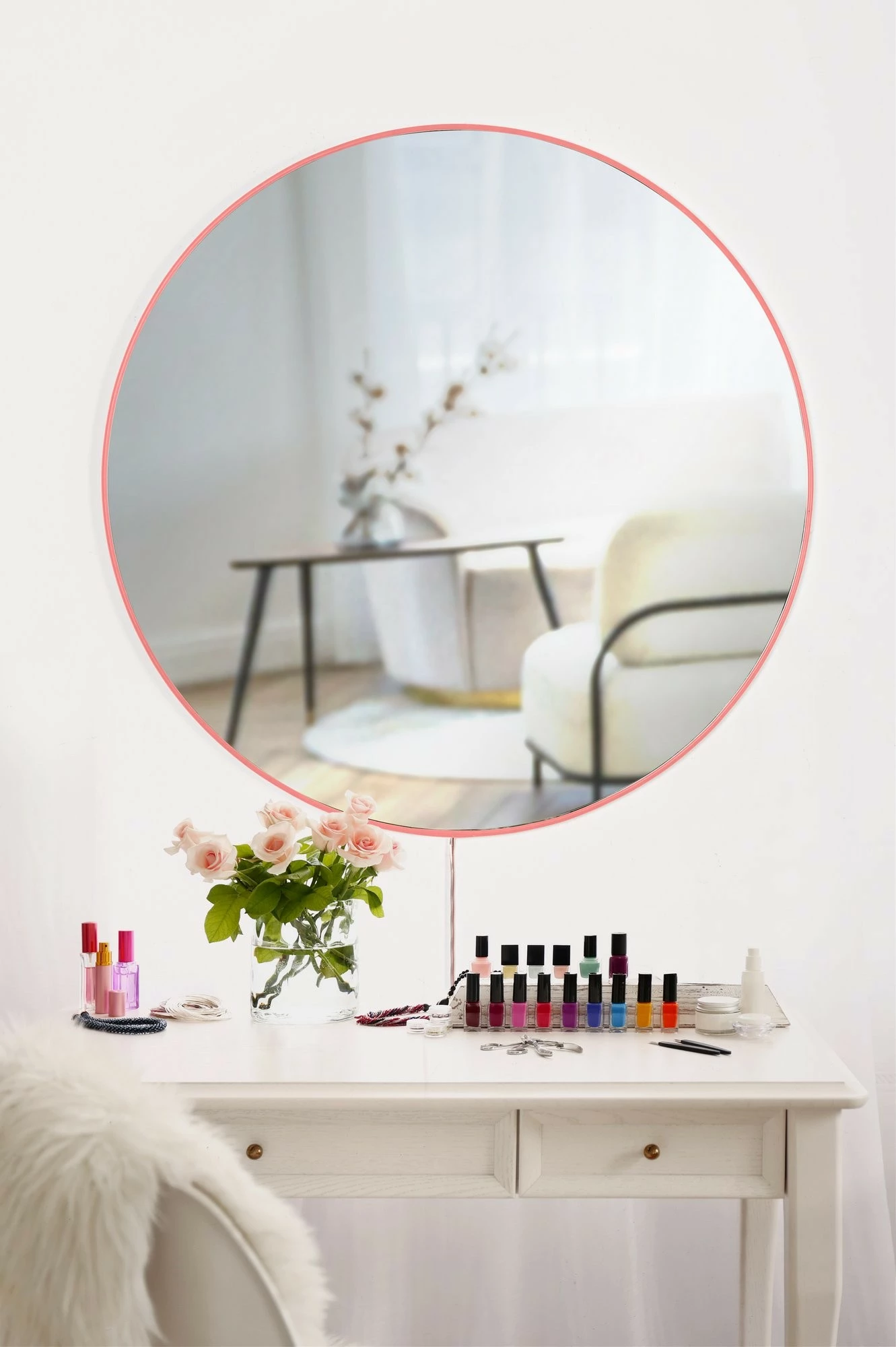 Pasqyrë me ndriçim LED, rrethore, ngjyrë rozë, Skye Decor, diametër 60cm