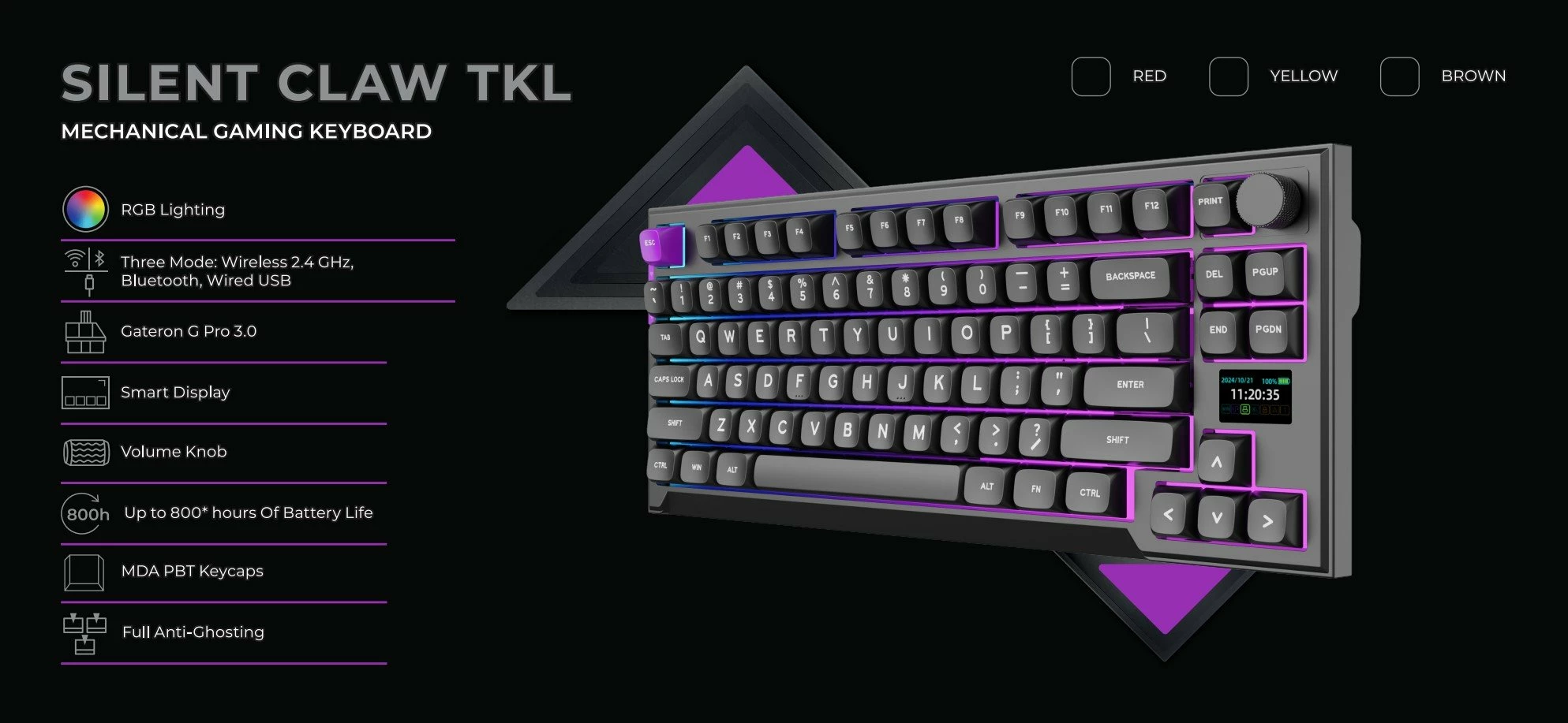Tastierë mekanike PREYON Silent Claw TKL PSCTR85B, Gateron Red Pro, RGB, tri-mode USB/Bluetooth/2.4GHz, US layout, e zezë