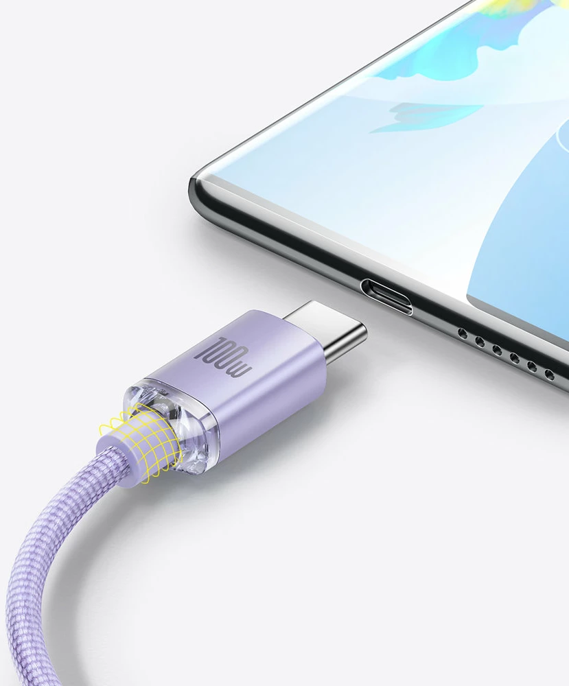 Kabllo për karikim të shpejtë Baseus Crystal Shine Series, USB-A në USB-C, 2m, 100W, vjollcë