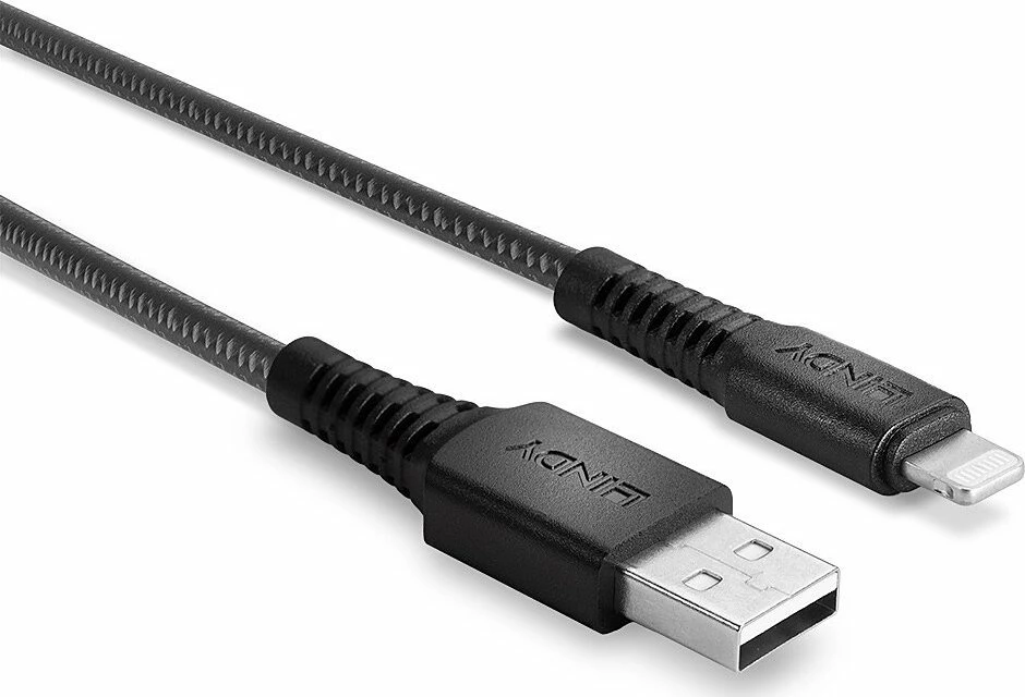 Kabllo USB-A në Lightning Lindy 31290, 0.5 m, e përforcuar, e zezë