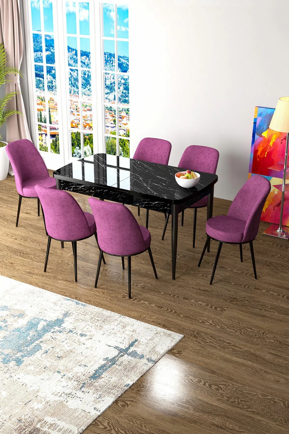 Tavolinë me karrige, zgjatshme, 7 copë, Skye Decor, ngjyrë mermeri të zi, lejla