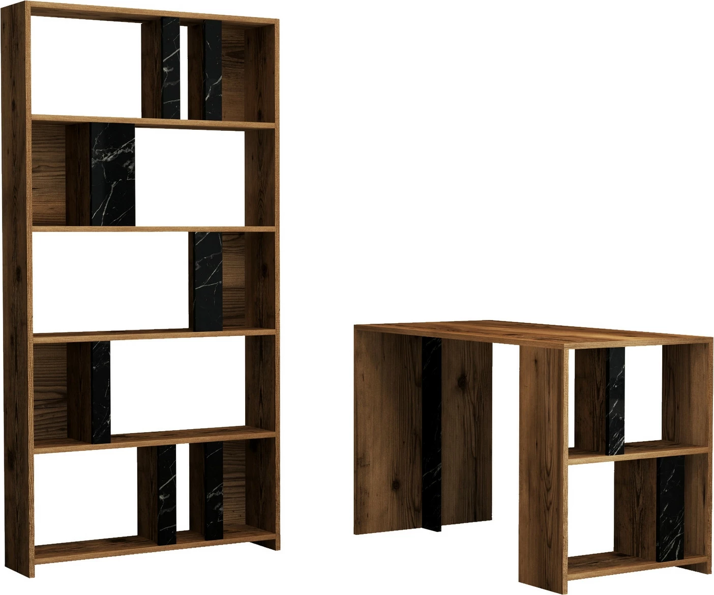 Tavolinë pune me raft librash Skye Decor, ngjyrë arre, mermer i zi