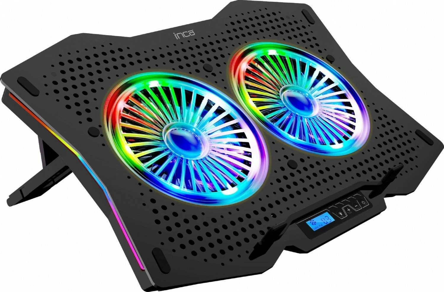 Stendë ftohëse për laptop Inca INC-606TGS, 10-18", 2 ventilatorë RGB, LCD panel, e zezë