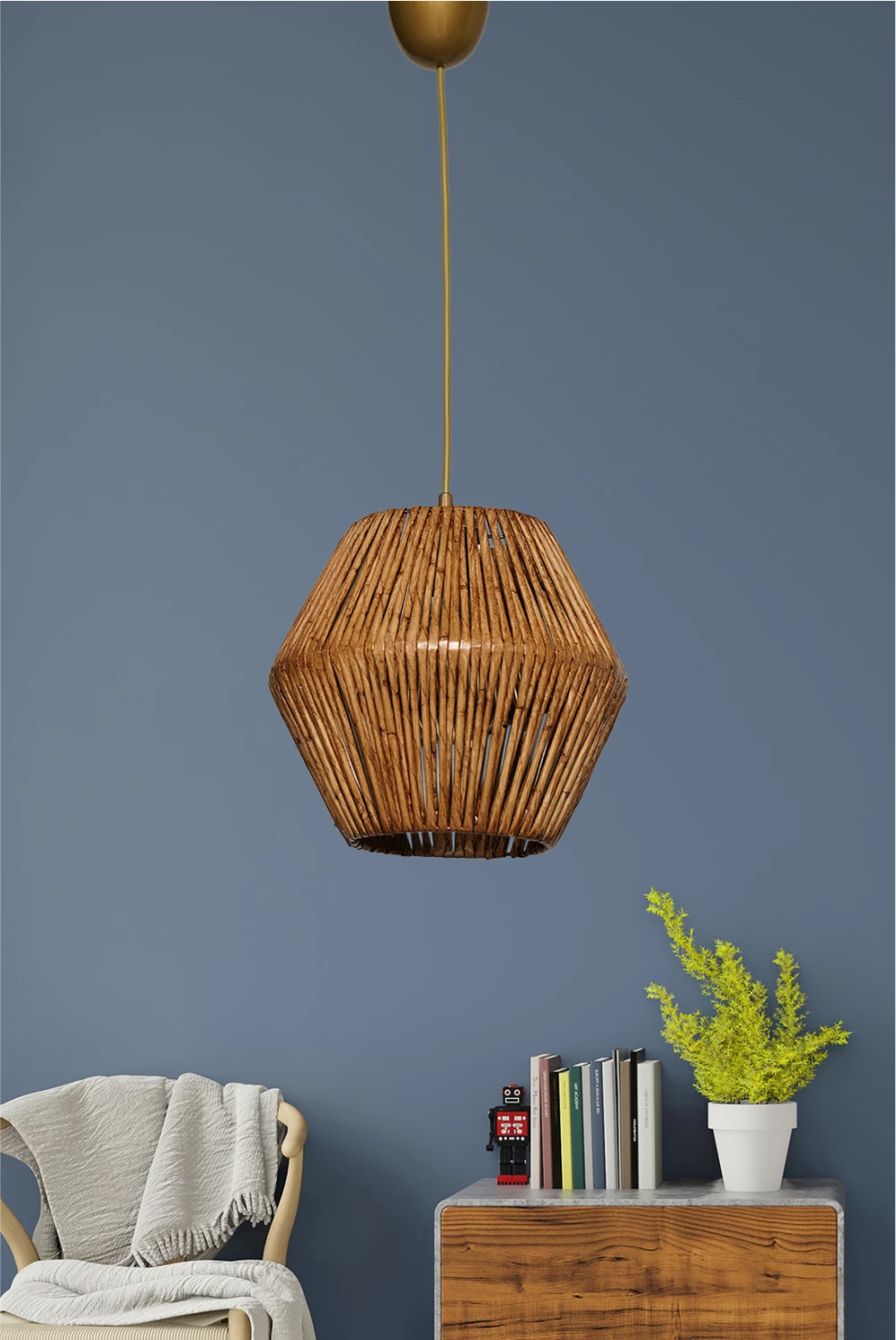 Llambë varëse për tavan, FH7362, metal dhe bambu, ngjyrë arre, 25x25x55 cm